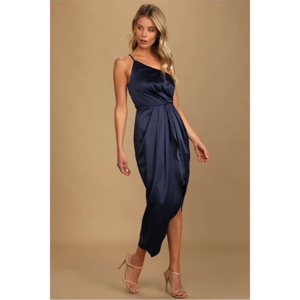 Lulus Navy Blue Satin One-Shoulder Asymmetrical Midi Dress size Small NWT